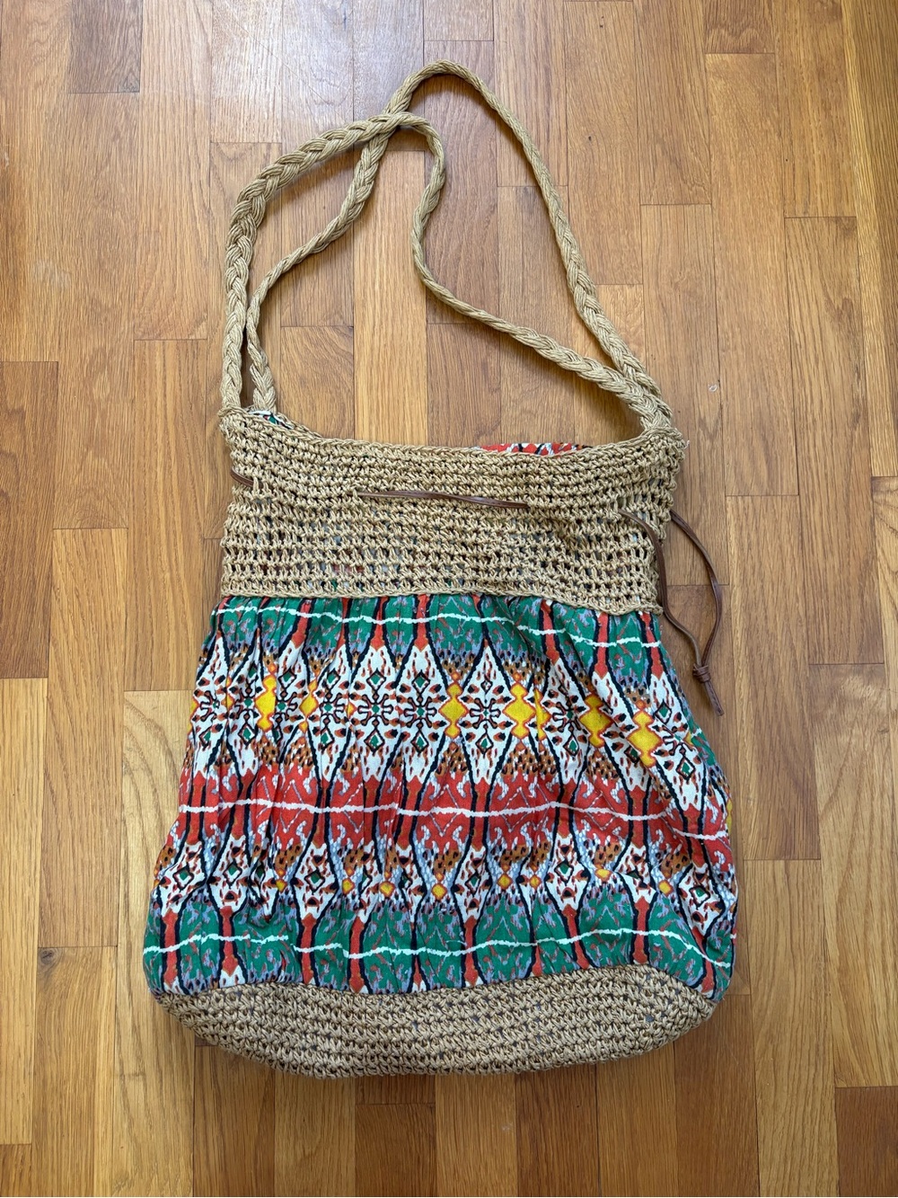 Poppie Jones Tan Woven Shoulder Bag with Green and Red Pattern